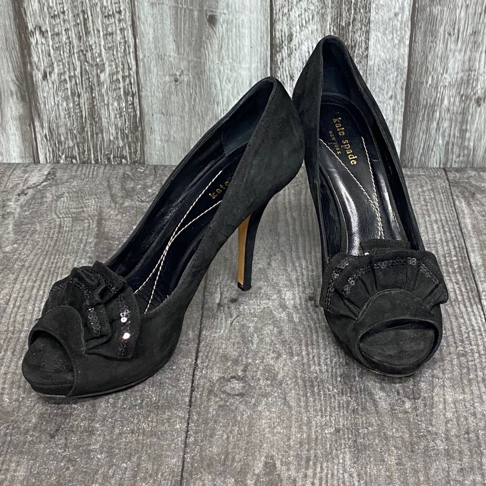 Kate Spade Suede Black Sequin Ruffle Peep Toe Heels
